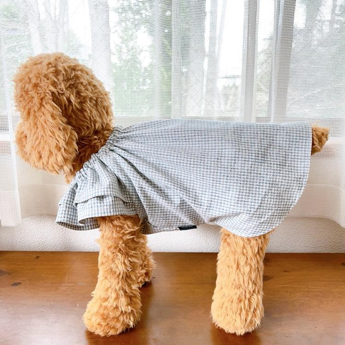 犬服 ギンガムチェックスモック風ワンピース 水色 ペット服