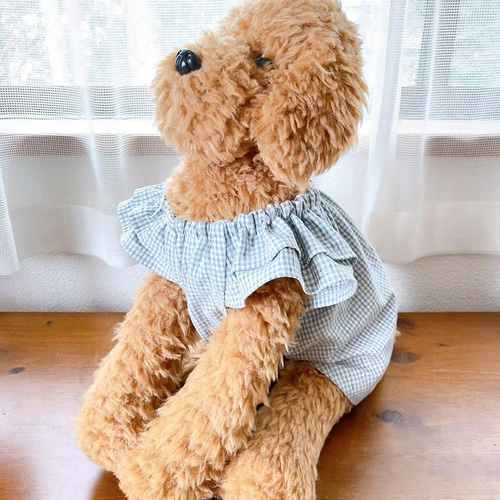 犬服　ギンガムチェックワンピース　ハンドメイド 大きなギンガムチェックの襟付フリルワンピース ハンドメイド犬