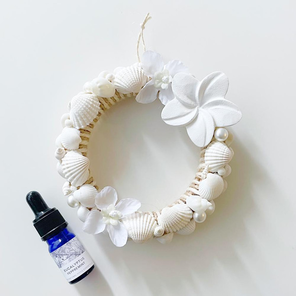 プルメリアのアロマストーンつき ホワイトフラワー＆シェルリース  