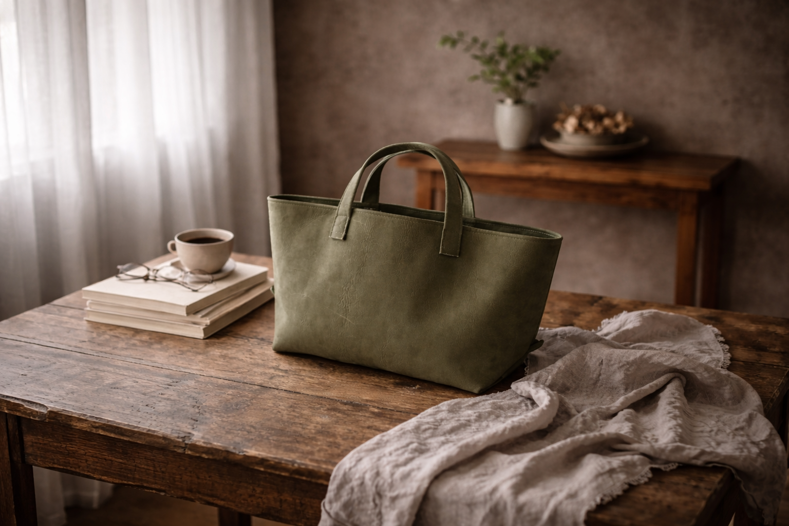 本革 ヌバック スモールフィールドバッグ／オリーブグリーン｜既製品とは少し違う、静かな緑のレザートート