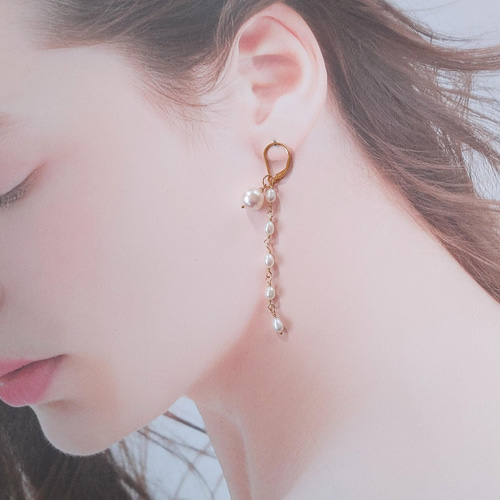 あこやバロックパール アクアマリンのおめかしレバーフックピアス14kgf