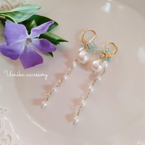 専用です　14kgf アクアマリンのシェルカービングピアス 専用です 14kgf アクアマリンのシェルカービングピアス