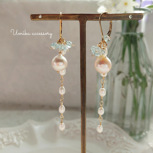 あこやバロックパール アクアマリンのおめかしレバーフックピアス14kgf