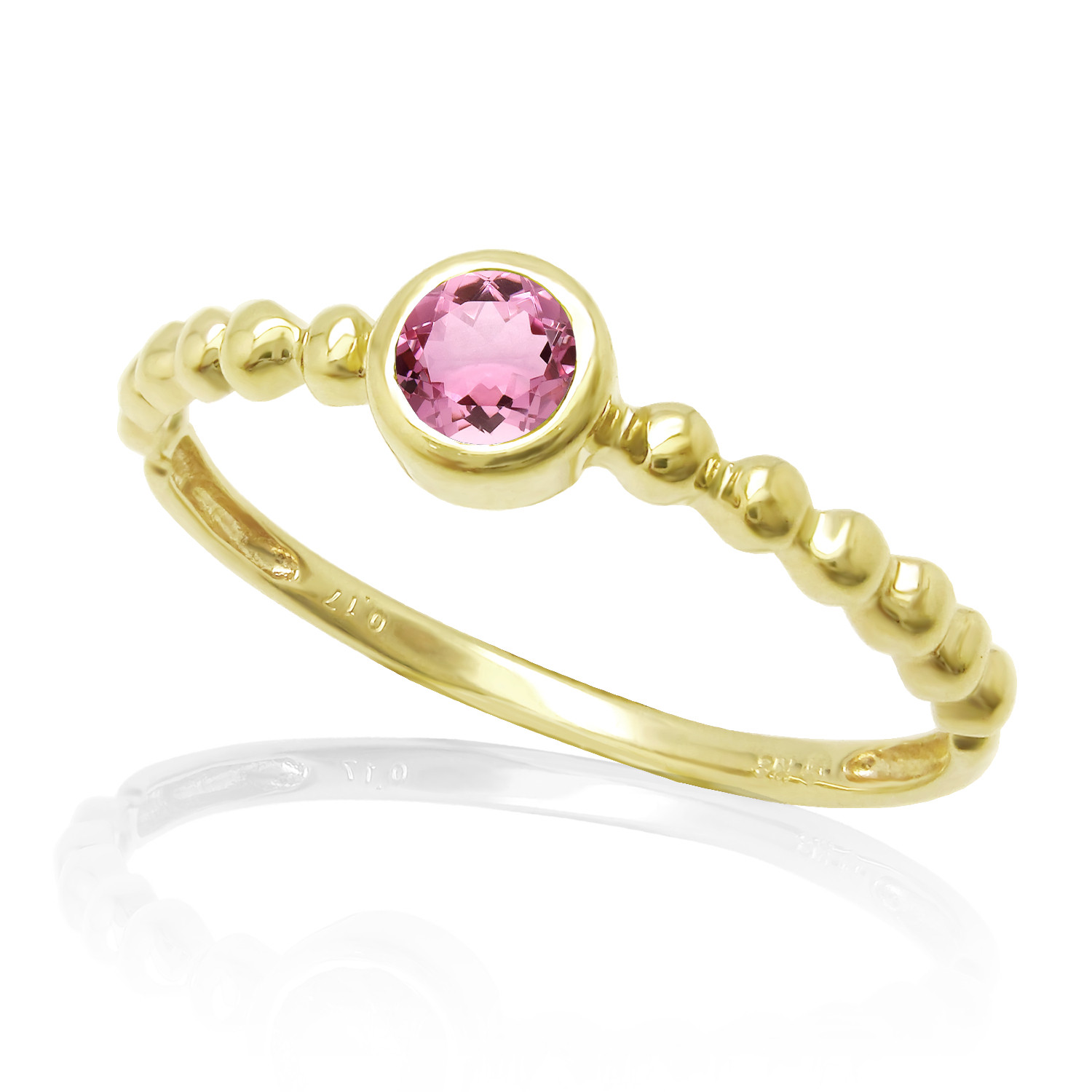 華奢で丸くて可愛い隠れ クローバー 四ツ葉 デザイン 10月誕生石 ピンクトルマリン イエローゴールド リング 受注制作