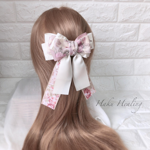 グログランリボン　花柄が綺麗❣️ バレッタ製作　ルルベちゃんスカートなどに 花柄たらりんリボン.｡.:*♡ バレッタ ヘアクリップ ポニーフック