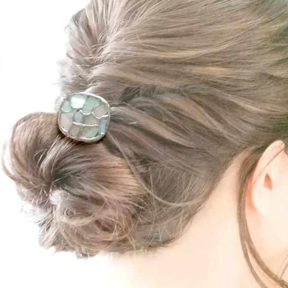 ヘアゴム ヘアクリップ　シェルモザイク≪silver≫　=iro-asobi= 10枚目の画像