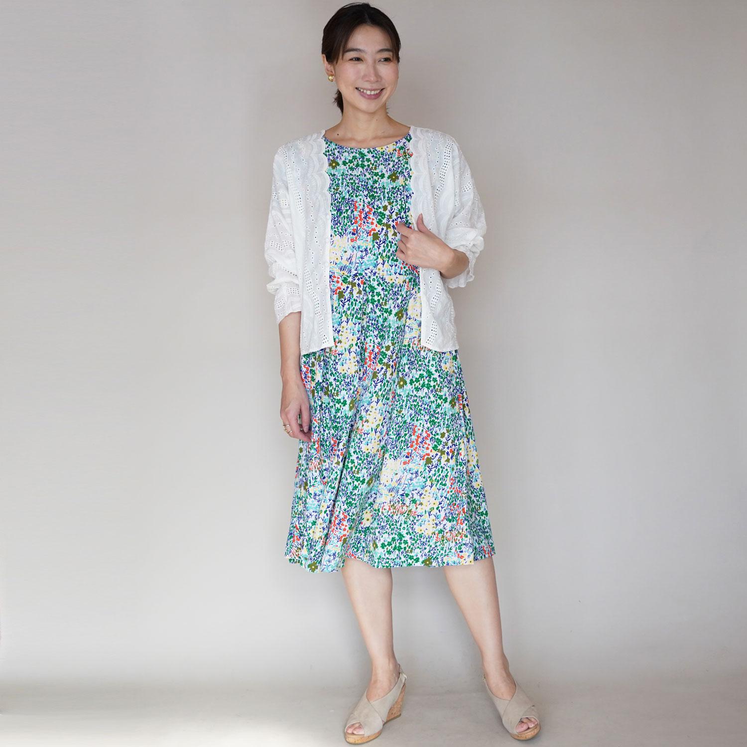 【受注制作】アーミッシュ風シンプルワンピース◇フラワーフォレスト柄（グリーン）