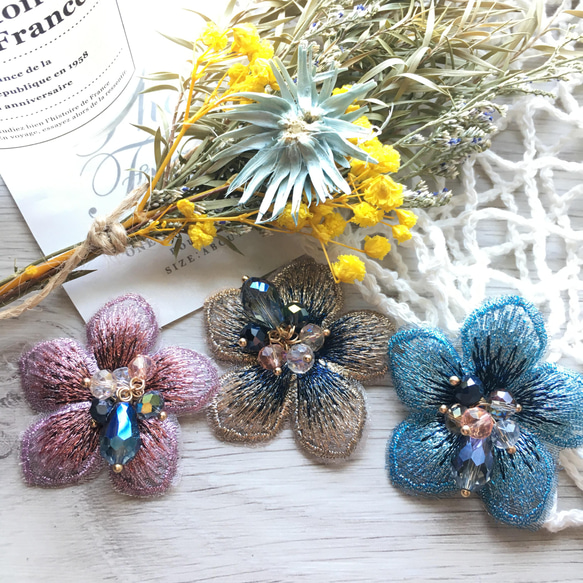 【送料無料】ビーズ  刺繍レースフラワー  オーガンジー  2pcs 4枚目の画像