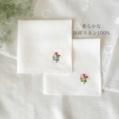 母の日ギフト＊カーネーションとかすみ草のブーケ刺繍ハンカチ ピンク