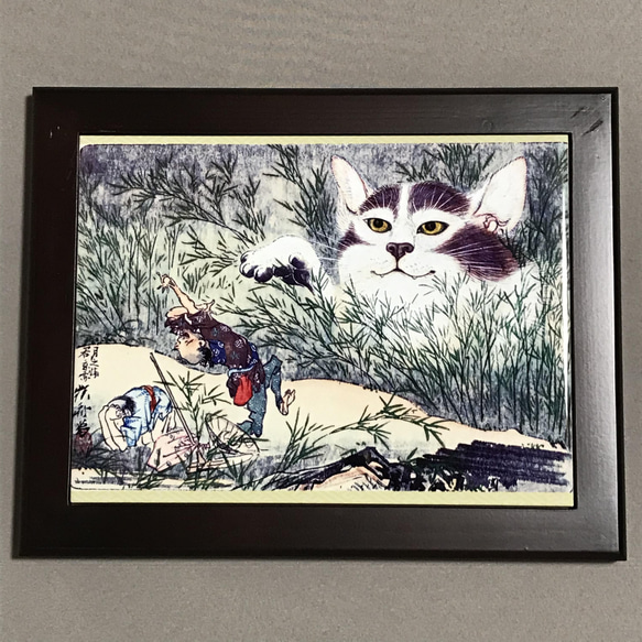 【新品】絵画　タペストリー　猫　花柄　タイル　アンティーク 河鍋暁斎 化け猫 フォトタイル木製フレーム付き 絵画 chaya 通販