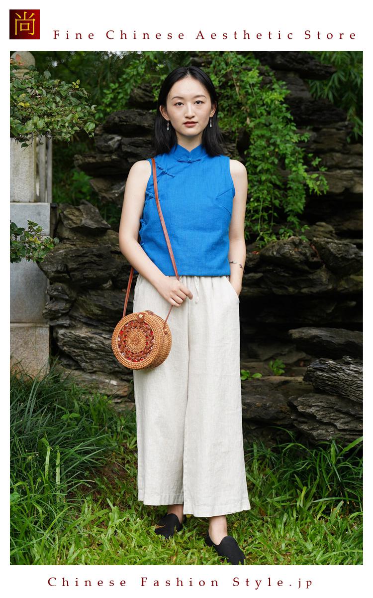 インタラクト・チャイナハンドメイドのモダンカジュアルリネンズボン ロングパンツ ワイドレッグ ハイウエスト#109