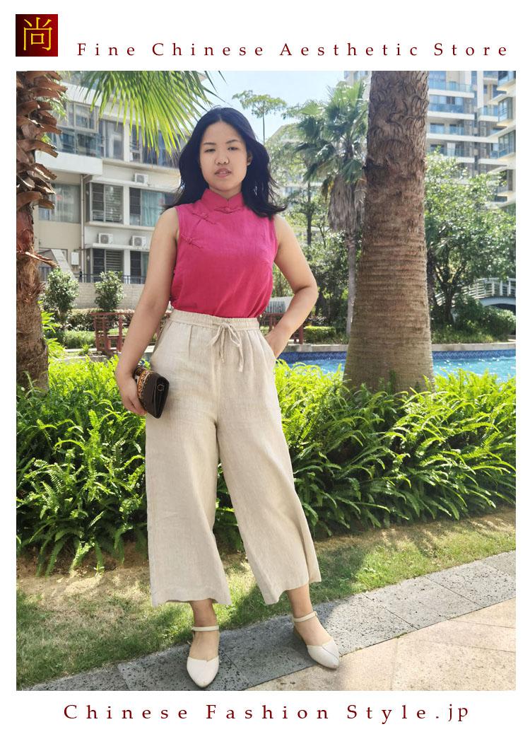 インタラクト・チャイナハンドメイドのモダンカジュアルリネンズボン ロングパンツ ワイドレッグ ハイウエスト#110