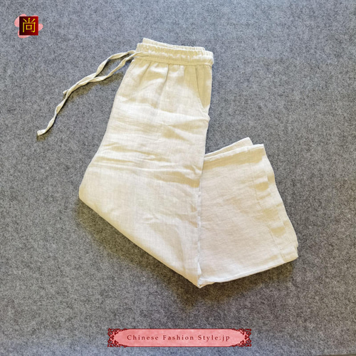 ハンドメイド 夏の白いパンツ♪ リネン 100％ ワイドパンツ M～ Lサイズ ハンドメイド 夏の白いパンツ♪ リネン 100％ ワイドパンツ M