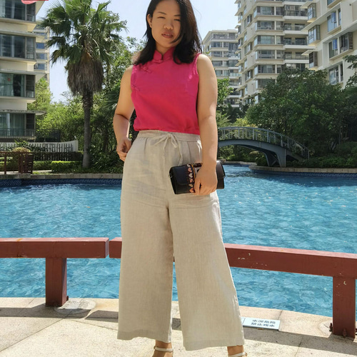 ハンドメイド 夏の白いパンツ♪ リネン 100％ ワイドパンツ M～ Lサイズ ハンドメイド 夏の白いパンツ♪ リネン 100％ ワイドパンツ M