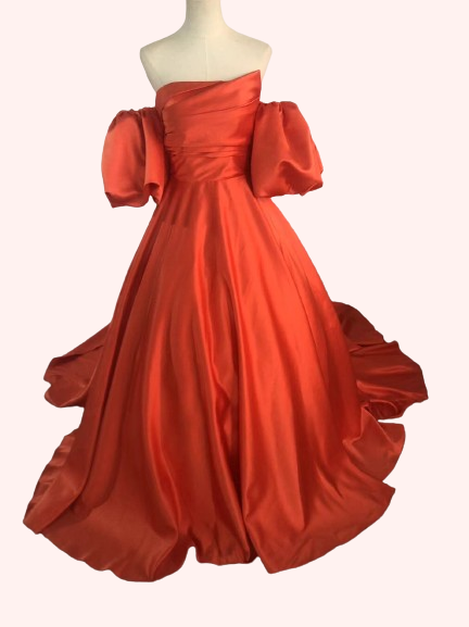 パーティードレス オレンジ パフスリーブ 取り外し 編み上げ  ベアトップ 前撮り 結婚式