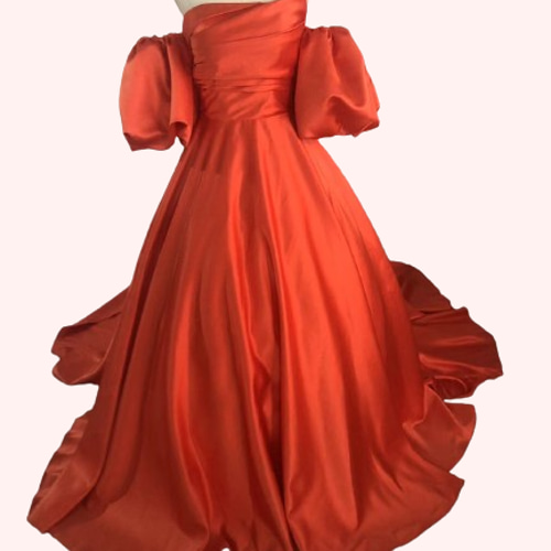 パーティードレス オレンジ パフスリーブ 取り外し 編み上げ ベア  