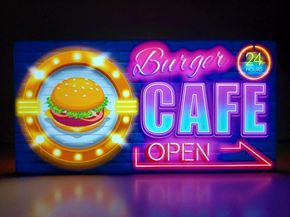 アメリカン ハンバーガー CAFE カフェバー コーヒー サイン 看板 置物 雑貨 LED2wayライトBOX 1枚目の画像