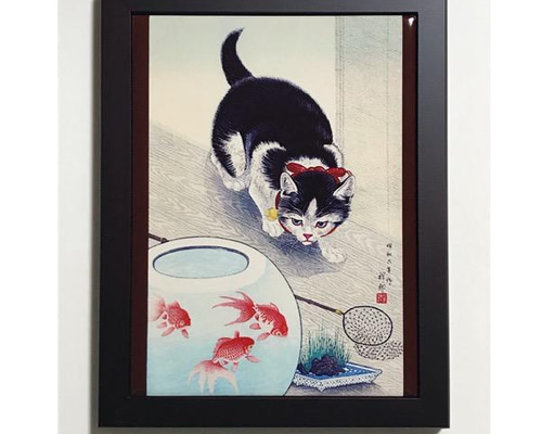 小原古邨（祥邨）金魚鉢と猫 フォトタイル木製フレーム付き 絵画