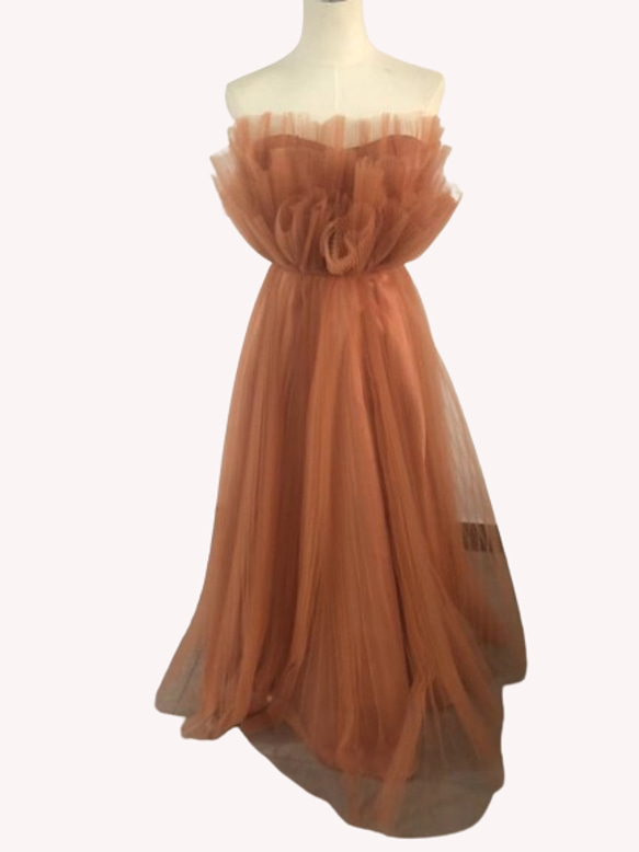 パーティードレス プリーツスカート ベアトップ ファスナー テラコッタ  