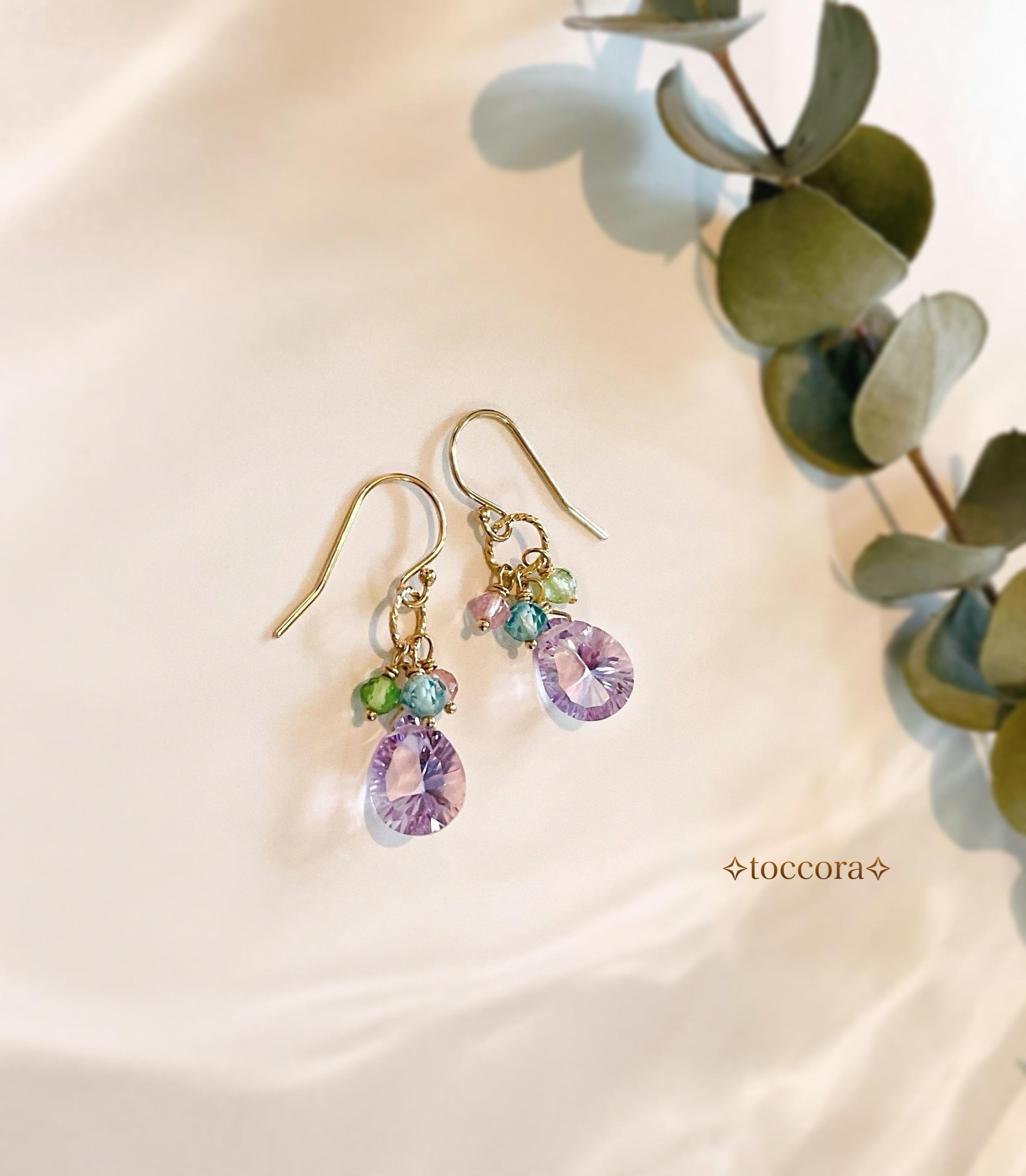 天然石と14kgf ꕤ*.ﾟフックピアス〜ペアシェイプコンケーブカットのピンクアメジストとブルージルコン、トルマリン〜