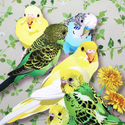 ハンドタオル「セキセイインコとひよこ草」 ハンカチ・手ぬぐい とり