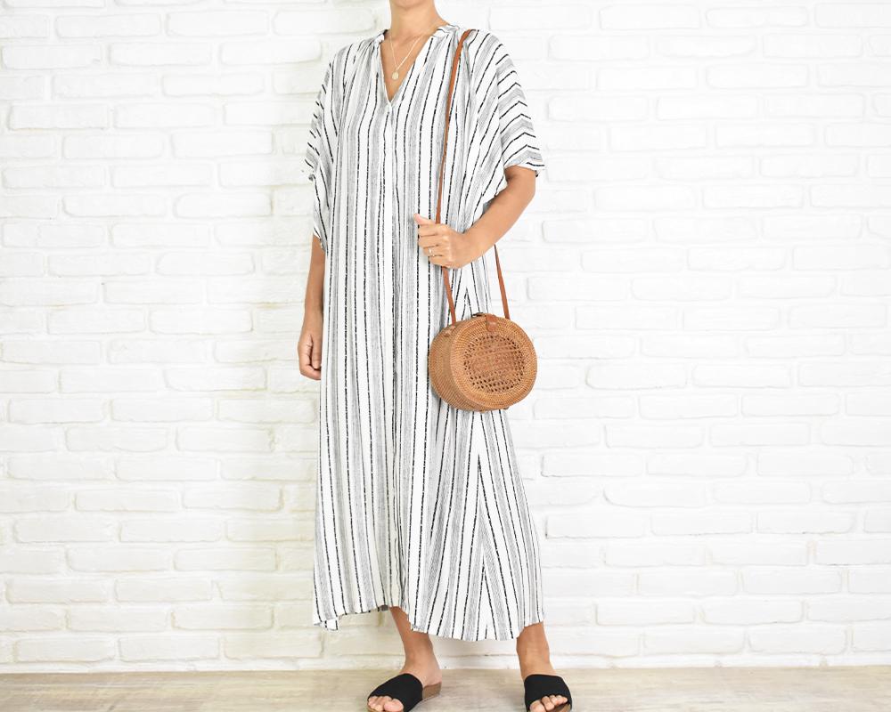 ストライプ柄スキッパーワンピース　＜ブラック＞