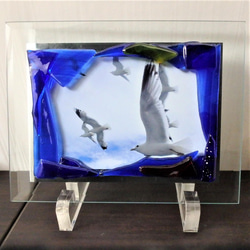 壁掛け】ステンドグラス風ガラスアート エンゼルフィッシュ麻の葉紋様