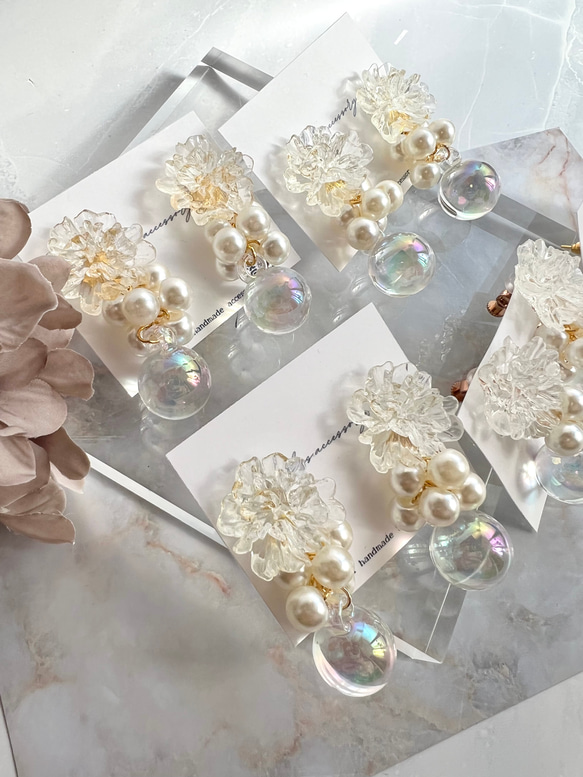 コットンパールクリア 花 パール オーロラピアス イヤリング 