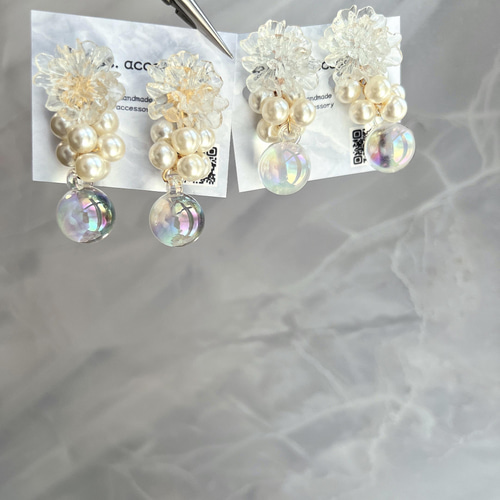 コットンパールクリア 花 パール オーロラピアス イヤリング