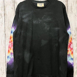 手描き青い彼岸花柄長袖Tシャツネイビー 袖リブ付き ロンT 紺 Tシャツ