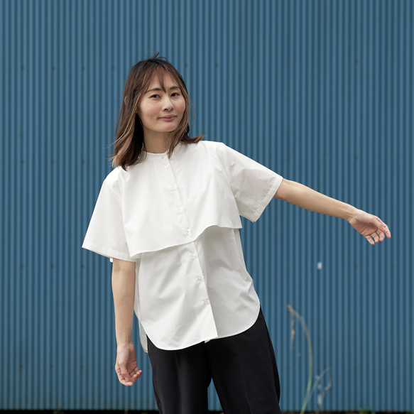 森野學校 適合成人的斗篷襯衫（白色） 立領斗篷設計襯衫 第13張的照片
