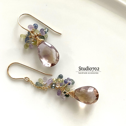 14kgfアメトリン・サファイアアシンメトリーピアス ピアス（フック