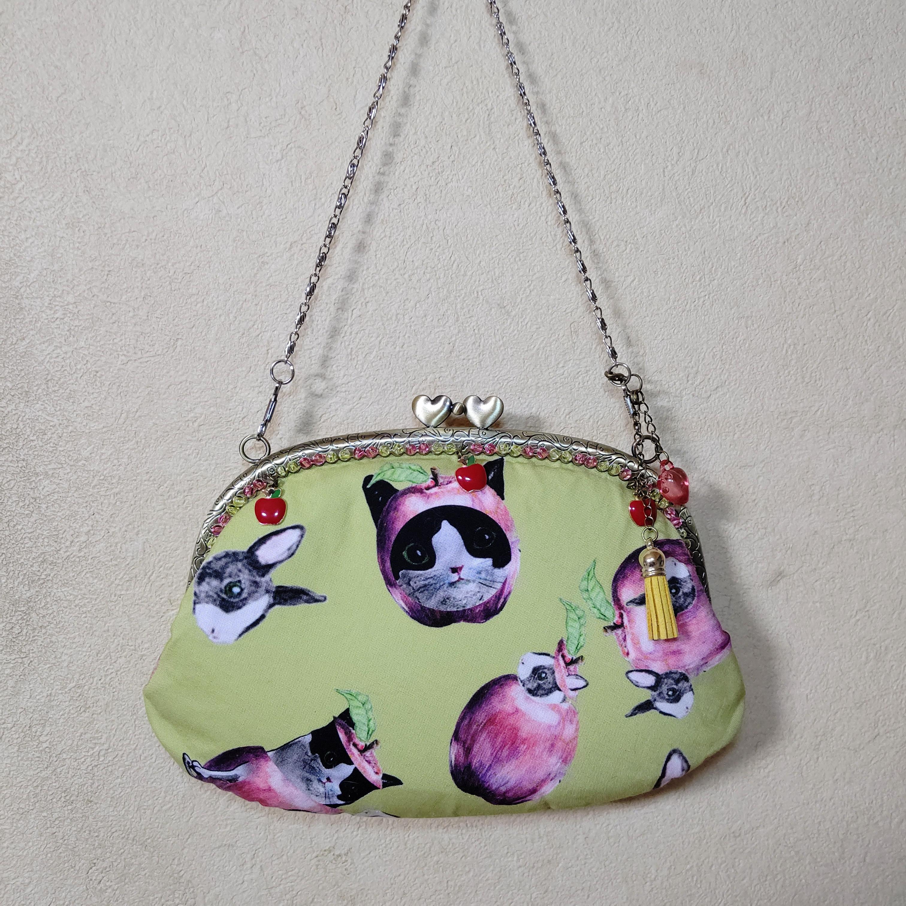 ハンドメイド がま口 バッグ クラッチ 掻き集め ringo グリーン