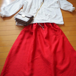 かわいい赤！リネン100％☆シンプルギャザースカート　フリーサイズ 6枚目の画像