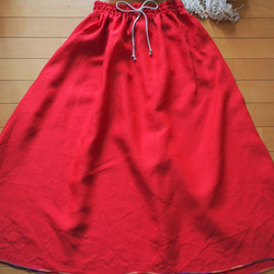 かわいい赤！リネン100％☆シンプルギャザースカート　フリーサイズ 4枚目の画像