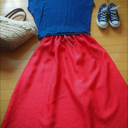 かわいい赤！リネン100％☆シンプルギャザースカート　フリーサイズ 5枚目の画像