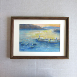 パステル画（原画）朝日。 パステルアート 朝焼け空とレインボー・フジ パステル画原画