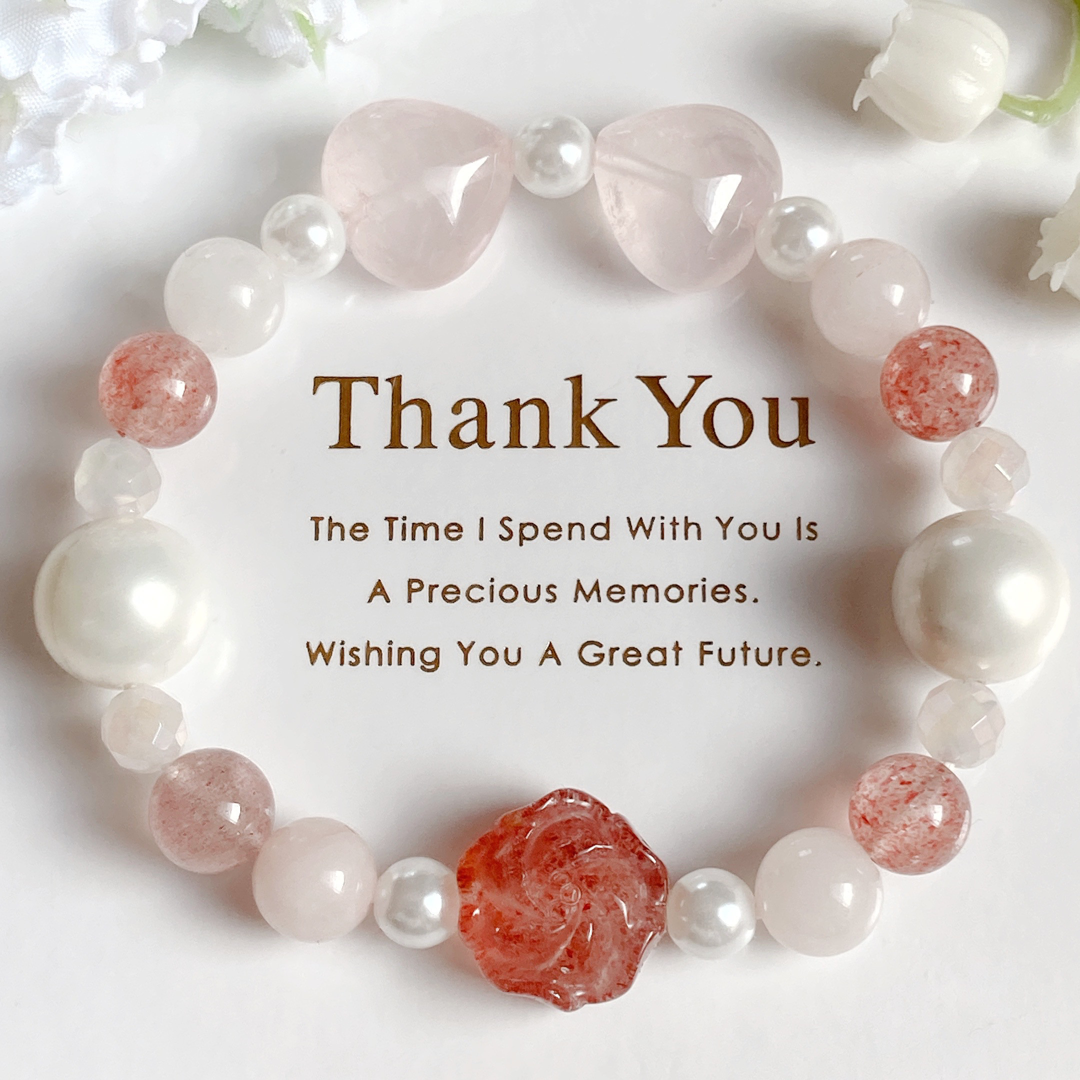 希少ストロベリークォーツ薔薇ローズクォーツリボンパール天然石ブレスレット 11,800円