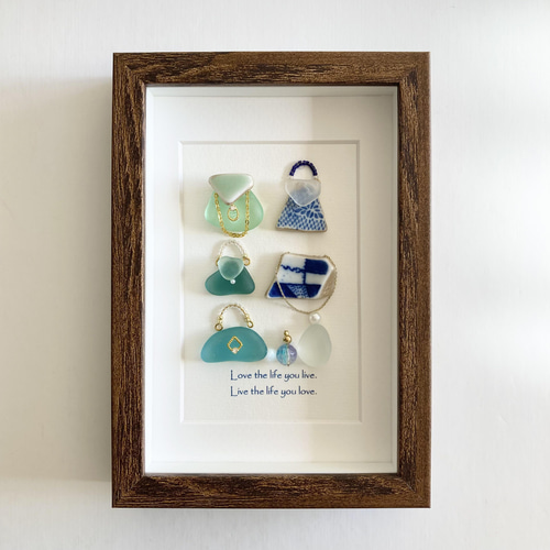 チェック柄のシー陶器のバッグ・シーグラスアート・インテリア小物