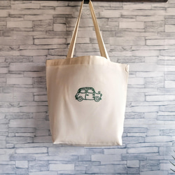 緑のかわいい手刺繍の車　トートバッグ　ショルダーバッグ　2way　大きいマチ　コットン　Lサイズ　 1枚目の画像