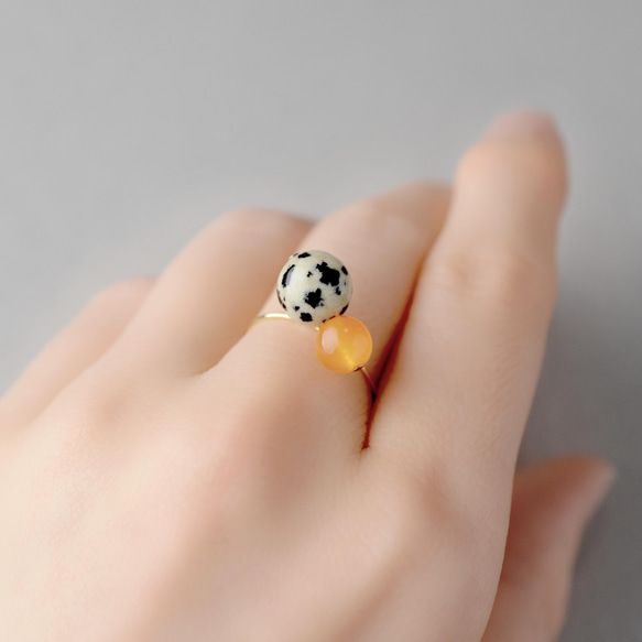 雙色戒指 達爾馬提亞橙色天然石戒指 開口戒指 禮物禮物 第1張的照片
