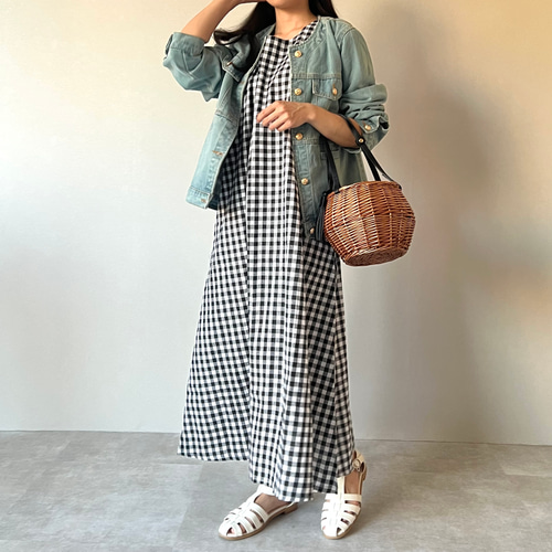 再販】送0旬のギンガムチェック麻綿生地ワンピース 春夏にサラッと
