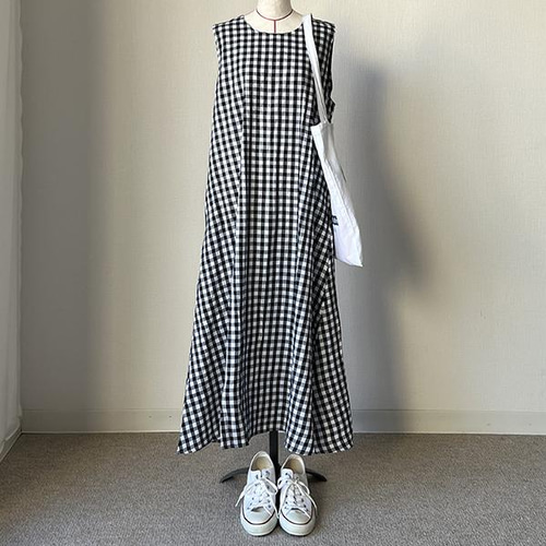 再販】送0旬のギンガムチェック麻綿生地ワンピース 春夏に