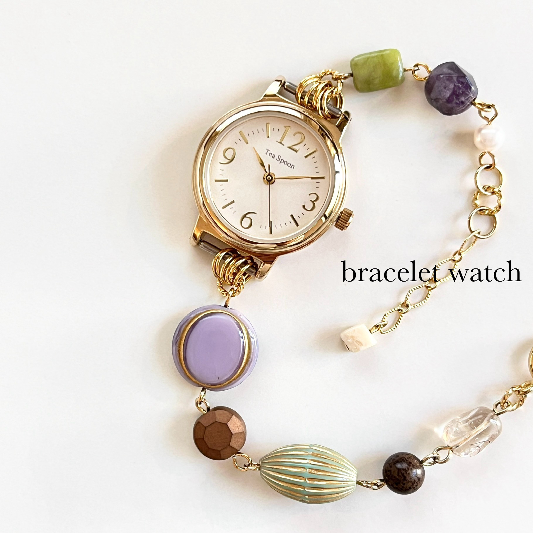 一点物ブレスウォッチ　グレー/バロックパール/チェコビーズ/スクエア/L