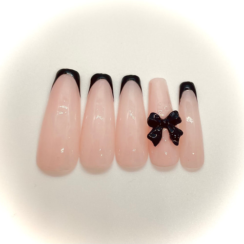 オーダー】黒リボン シンプル ネイルチップ ネイルチップ（つけ爪