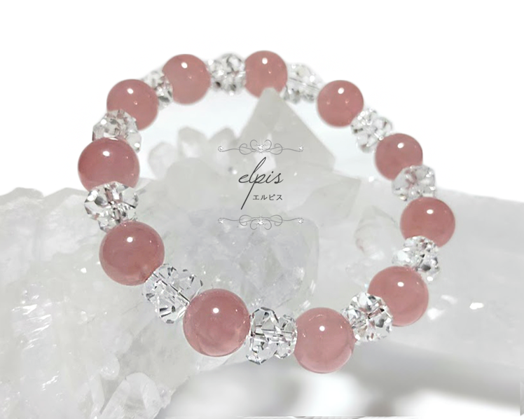 傷ついた自尊心を回復☆マダガスカル産ディープローズクォーツ（１０ミリ玉）＆高品質ボタンカット水晶のブレスレット