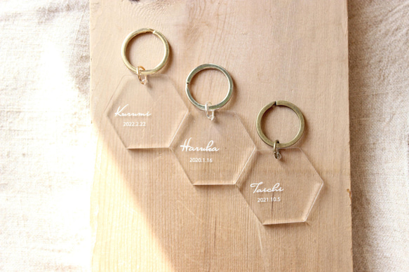 名入れ♥シンプル＊ヘキサゴンネームキーホルダー＊六角形 キーリング