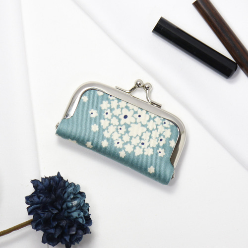 がま口印鑑ケース マルチミニケース 北欧柄 サークルフラワー 青【受注  