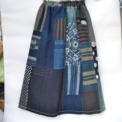 古布　木綿　藍色　型染から手縫いギャザースカート　Ｊ-57 8枚目の画像