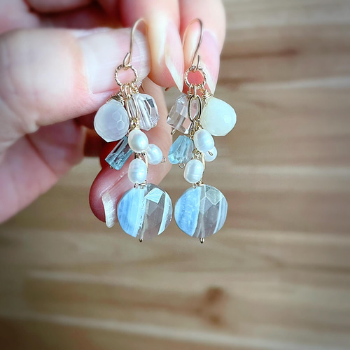 14kgfゴールドとストライプブルーオパールアゲートなどのピアス ピアス  